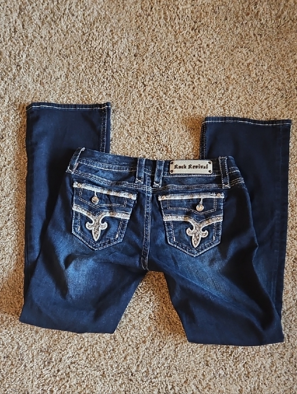 Rock Revival Women's Dark Blue Bootcut Jeans with Embellished Back Pockets